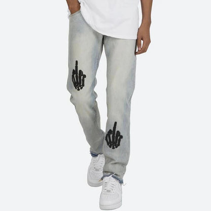 Skull Finger Embroidery Jeans - Gray