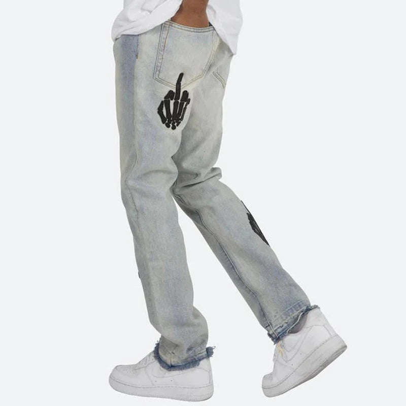 Skull Finger Embroidery Jeans - Gray