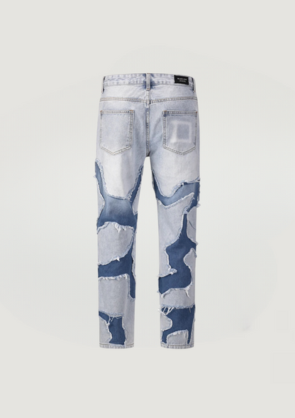Boho Vibe Distressed Patch Jeans - Blue - Swagster