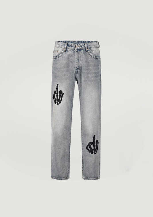 Skull Finger Embroidery Jeans - Gray